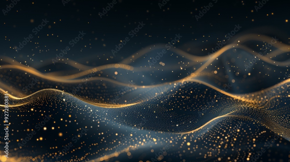 Poster golden waves of light shimmer gently in the darkness, creating a mesmerizing visual effect