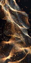 Golden particles swirl elegantly in a dark space, creating a dreamy and enchanting atmosphere