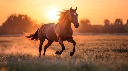 Fototapeta premium Majestic Horse Galloping in Glowing Golden Sunrise Landscape
