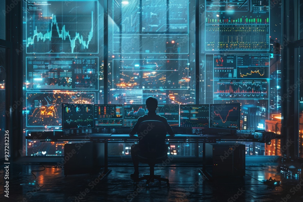 Aufkleber a trader sits in a sleek office, studying numerous financial charts on multiple screens