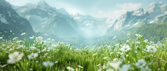 A beautiful field of white flowers with mountains in the background
