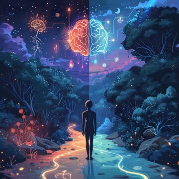 A figure explores vibrant paths representing creativity and logic in a magical night forest