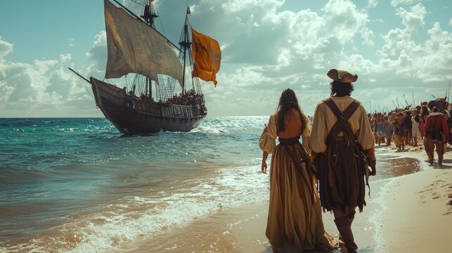 Couple's Farewell Glance at the Departing Sailboat