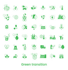 Set icons. Alternative clean energy. Transition to environmentally friendly world concept.  Ecology infographic. Green power production. Transition to renewable alternative energy.