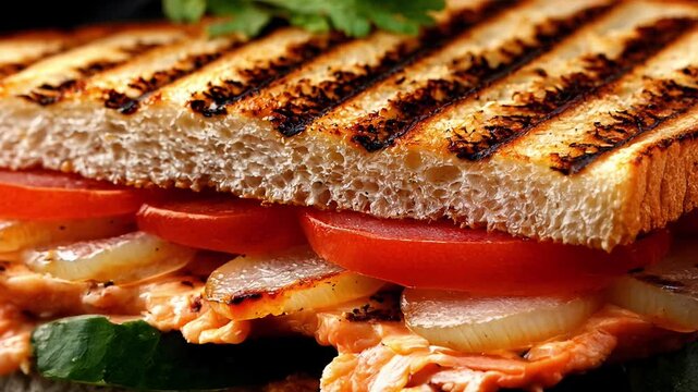 A grilled sandwich with tomatoes and onions. The sandwich is cut in half and has a garnish of parsley on top