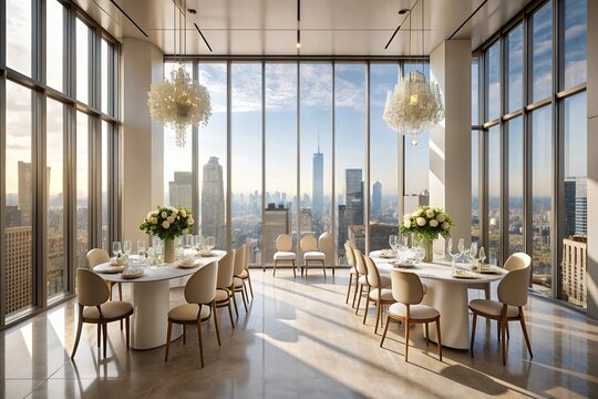 Modern luxury penthouse wedding suite with stunning cityscape views sleek lines and minimalist decor in neutral tones