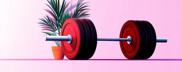A vibrant composition featuring a red barbell and a leafy plant, perfect for fitness or wellness themes in creative projects.