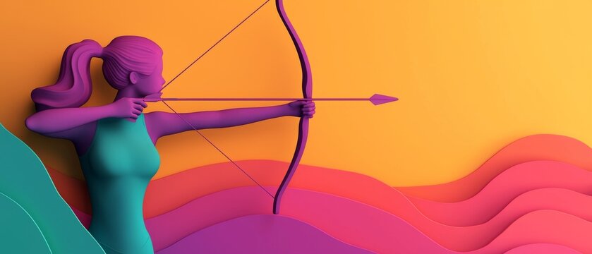 A vibrant illustration of a female archer poised to shoot, showcasing strength and focus against a colorful background.