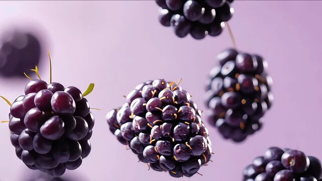 blackberries floating in the air on purple background