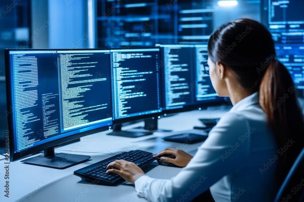Poster female programmer working on multiple monitors in a blue lit office