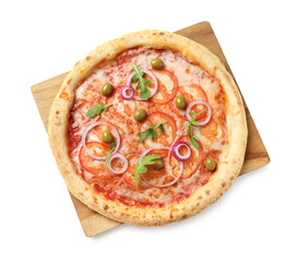 Delicious vegetarian pizza isolated on white, top view
