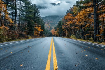 Naklejka premium A smooth road stretches through vibrant autumn foliage and misty mountains, creating a peaceful setting