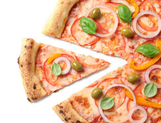 Cut delicious vegetarian pizza isolated on white, top view