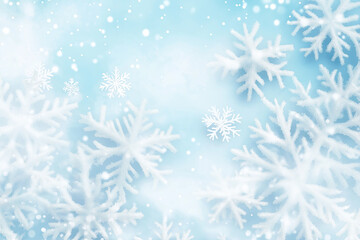 Frosted white snowflakes delicately placed on a cool blue background, capturing the essence of winter with a serene and tranquil atmosphere. Copy space available for seasonal messages.