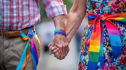Rainbow Ribbons Bind Elderly Couple in Love and Pride