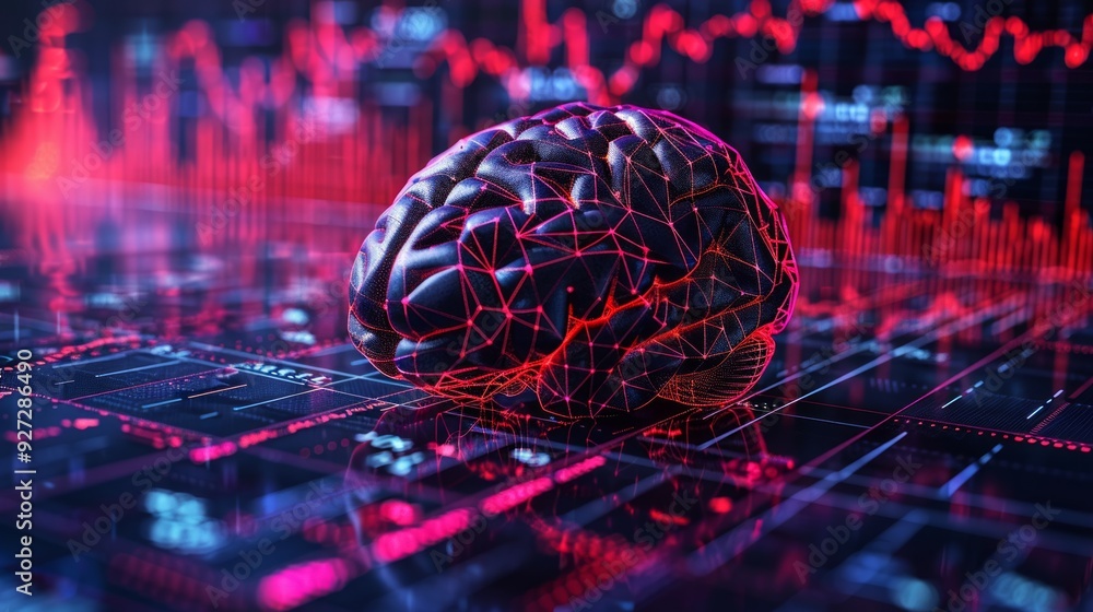 Poster a brain model is illustrated against a backdrop of colorful data patterns, symbolizing technology an