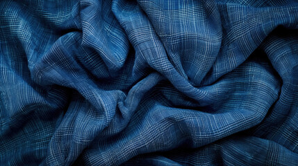 Crumpled blue fabric with intricate patterns and textures, creating a rich and detailed visual effect.