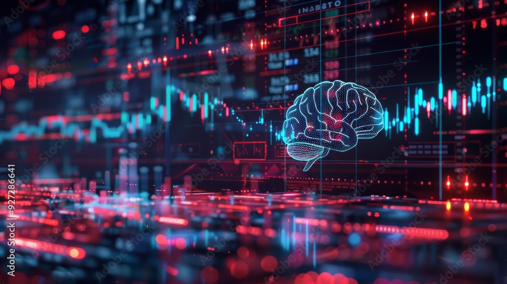 Poster a stylized brain graphic overlays dynamic data streams in a high-tech environment