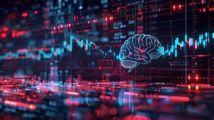 A stylized brain graphic overlays dynamic data streams in a high-tech environment