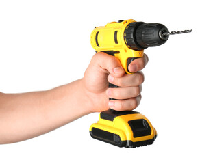 Man with cordless electric drill on white background, closeup