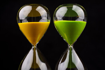 Hourglass photo in studio concept of time and the rules of precious and limited time.