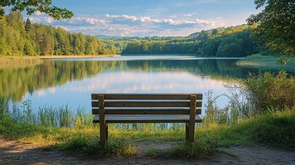 Obraz premium Tranquil Lake Serenity: Lush Trees, Wooden Bench, Blue Sky