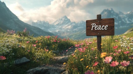 Obraz premium Tranquil Mountain View: Wooden Signpost Whispers 