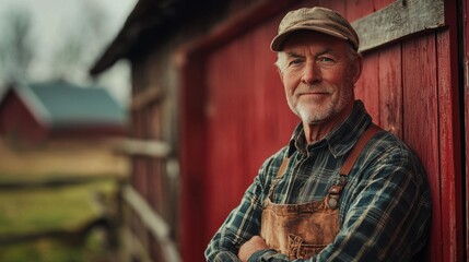 Fototapeta premium Veteran Farmer's Stoic Gaze Before the Red Barn