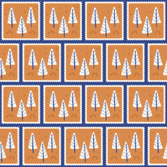 Forest quilted seamless pattern. Winter holiday tress repeat background. Happy New Yea patchwork endless design. Vector hand drawn illustration.