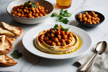 Hearty Spicy Chickpeas and Hummus Served on Elegant White Tabletop