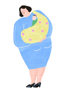 Mother wearing a blue dress carrying her baby on her back in a yellow baby sling. 