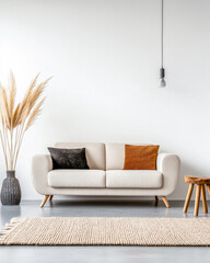 Scandinavian living room interior design composition in neutral colors and elegant decoration.