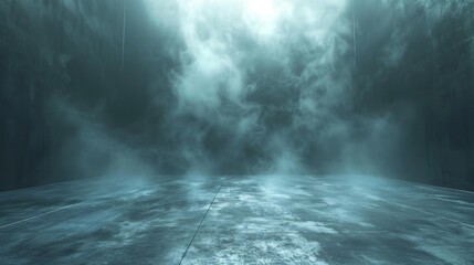 Misty room with fog enveloping floor and walls, creating mysterious atmosphere, dim lighting enhances depth and intrigue, perfect for surreal or dreamy ambiance. Copy space.