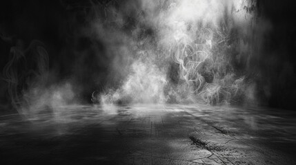 Mysterious fog envelops dark, empty space, creating an atmospheric and eerie environment, ideal for showcasing text or visuals, copy space.