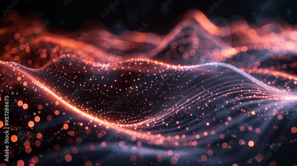 Aufkleber flowing waves are illuminated by vibrant particles, creating an abstract visual display in dark tone