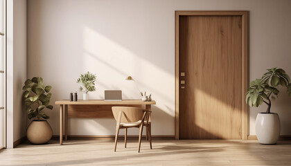 Fototapeta premium Minimalist Home Office Desk with Wooden Chair and Laptop