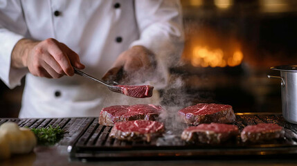A chef in a white suit is making steak. 