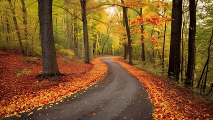 Obraz premium Autumn Path Winding Through Vibrant Woods