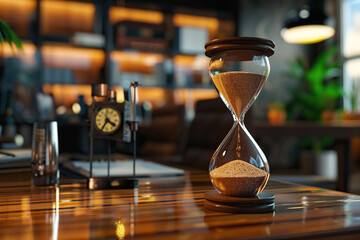 Hourglass with flowing sand on wooden business office