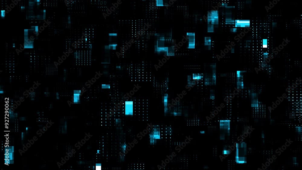 Poster motion graphic of blue data matrix simulation digital line and grid technology with futuristic hud s