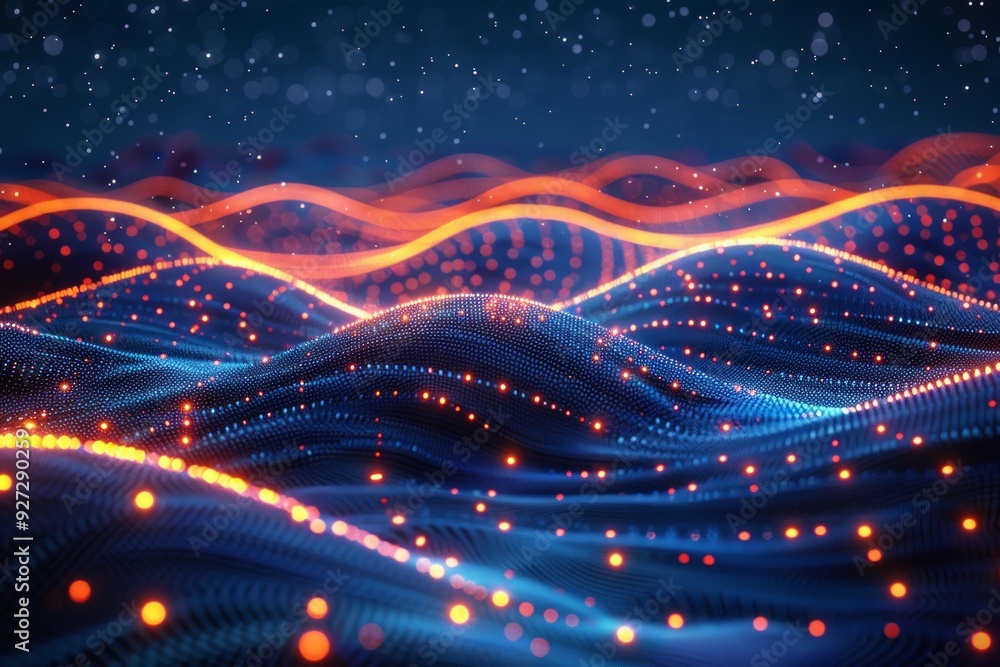 Poster colorful flowing waves illuminated by light particles create a dynamic and captivating display