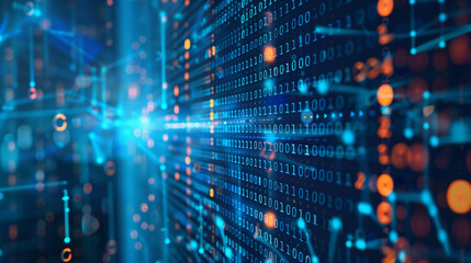 Fototapeta premium Abstract digital background, fusion of binary code and AI algorithms, visual presentation of technology and intelligence in high-tech environments.