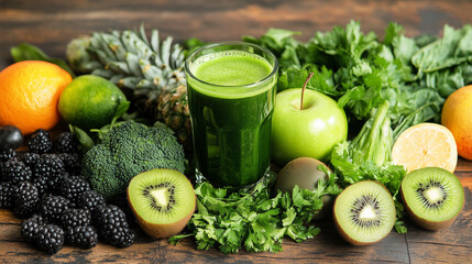 alkaline smoothie with ingredients of salad, broccoli, apple, orange, lime, kiwi, parsley, blackberry, pineapple, and lemon