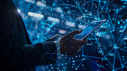 Business professionals immerse themselves in the virtual blockchain interface, with data fields surrounding their tablets