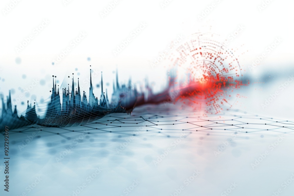 Poster a digital representation showcases waves and networks symbolizing data flow and technological advanc