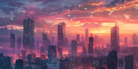 Fototapeta premium Illuminated Modern Cityscape at Sunset