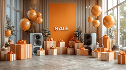 Engaging sale banner featuring 3D text on an orange backdrop, adorned with gift boxes, shopping bags, balloons, and a loudspeaker in 3D animation.