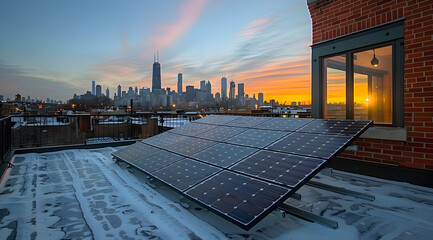 Solar Panels on Rooftop with City Skyline at Sunset - Photo