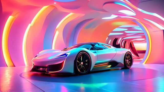Futuristic sports car in a vibrant neon-lit tunnel with sleek curves and modern design