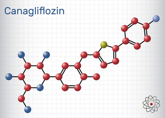 Canagliflozin molecule. It is antidiabetic medication, SGLT2 inhibitor. Sheet of paper in a cage